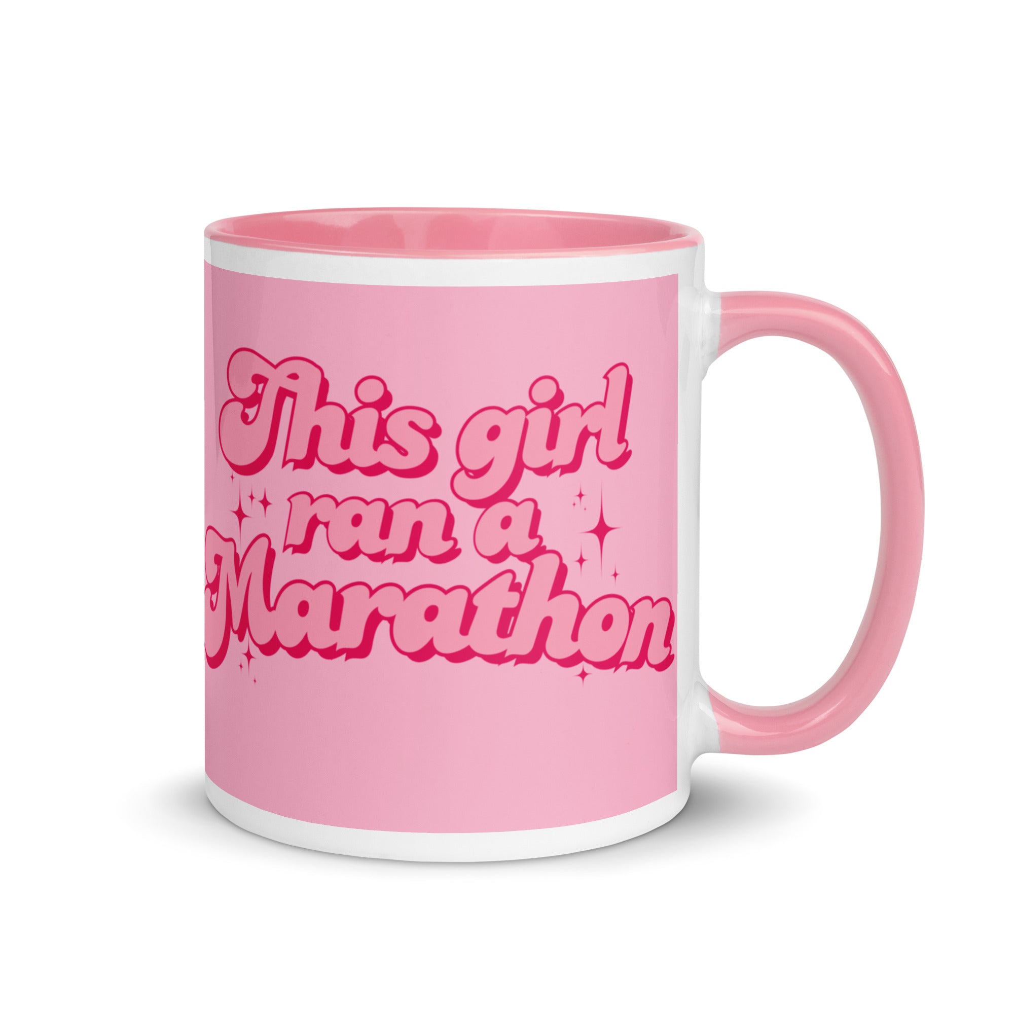 Pink this girl ran a marathon mug in a feminine, bold font with sparkles. The perfect gift for a woman who has finished a marathon. 