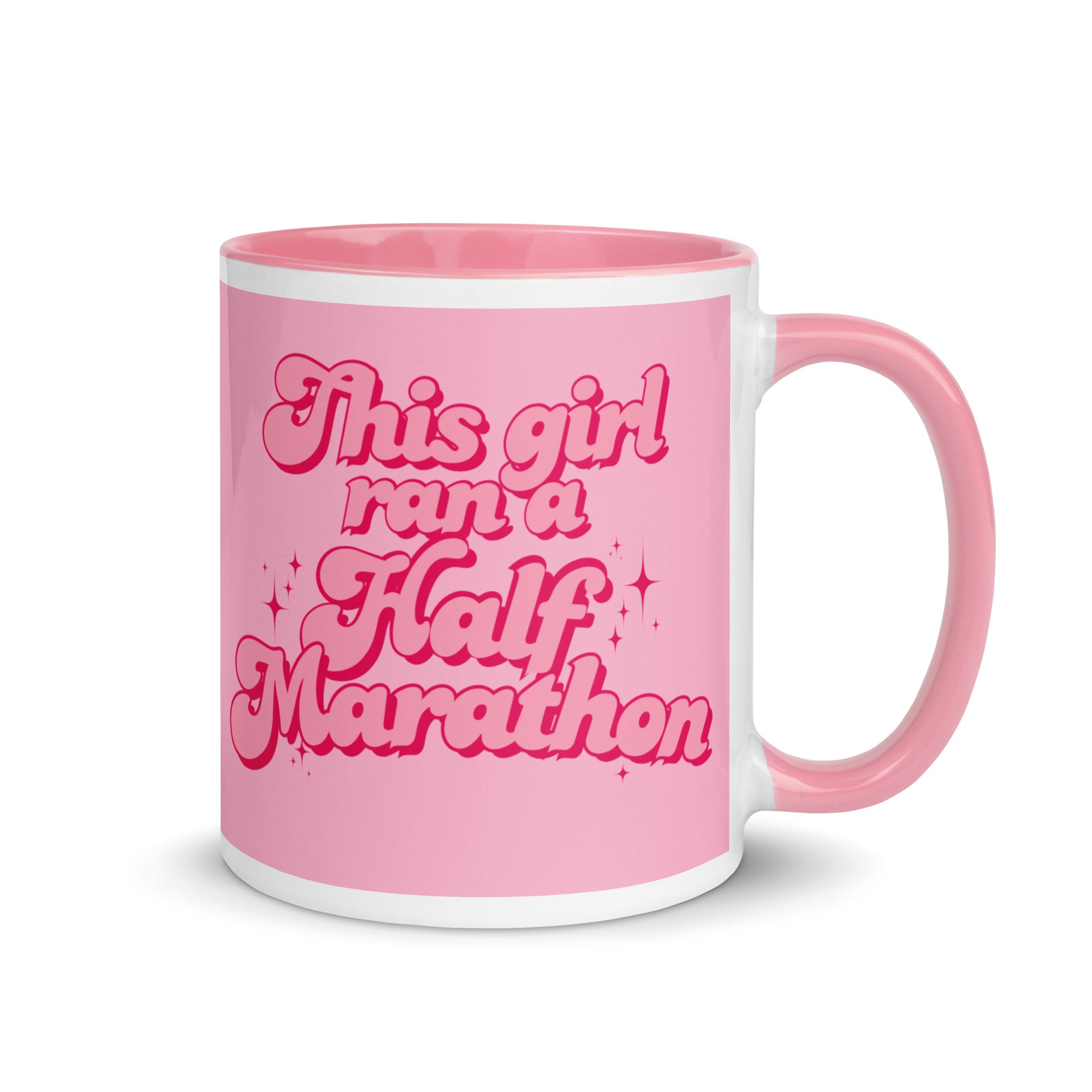 Pink this girl ran a half marathon mug in a feminine, bold font with sparkles. The perfect gift for a woman who has finished a marathon. 