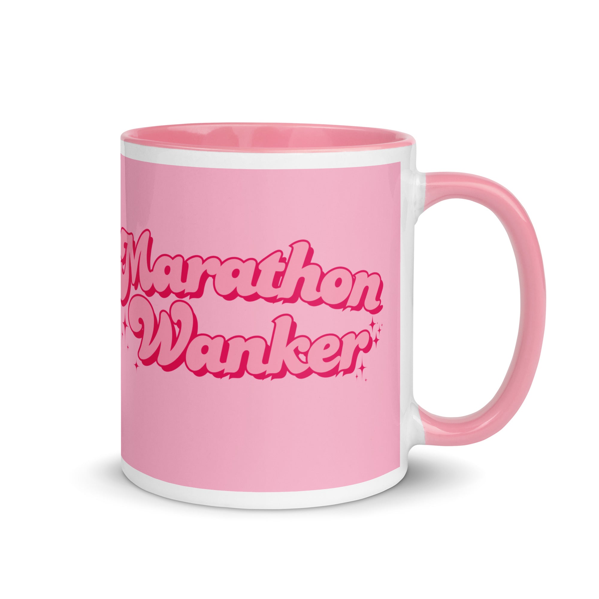 Pink and white marathon wanker mug, with feminine bold font and sparkles. Perfect gift for a girl or woman who has finished a marathon