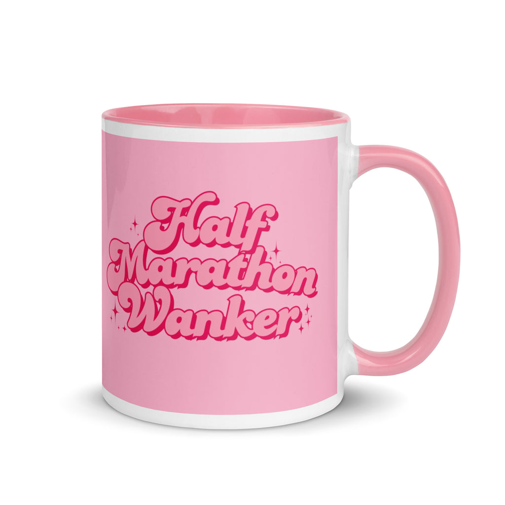 Pink and white half marathon wanker mug, with feminine bold font and sparkles. Perfect gift for a girl or woman who has finished a half marathon
