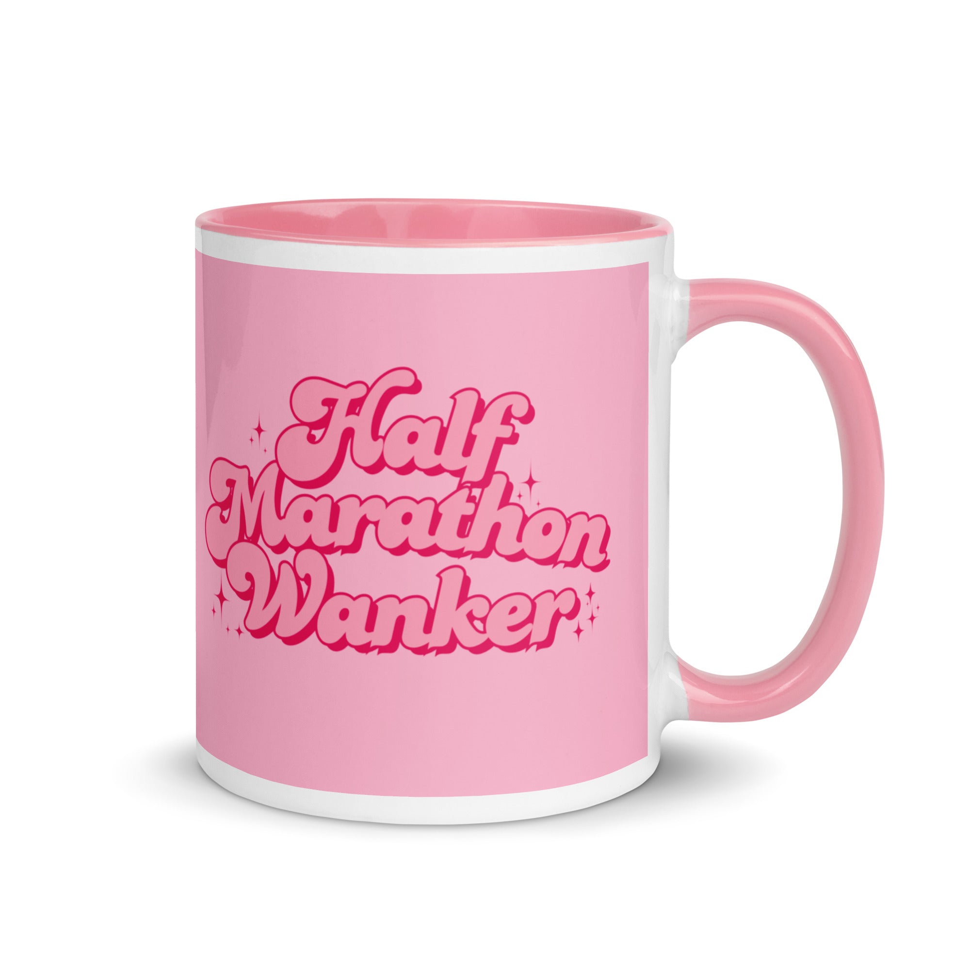 Pink and white half marathon wanker mug, with feminine bold font and sparkles. Perfect gift for a girl or woman who has finished a half marathon