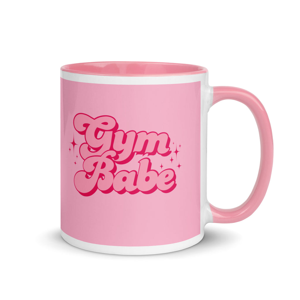 Pink and white gym babe mug, with feminine bold font and sparkles. Perfect gift for a girl or woman who loves the gym and working out. 