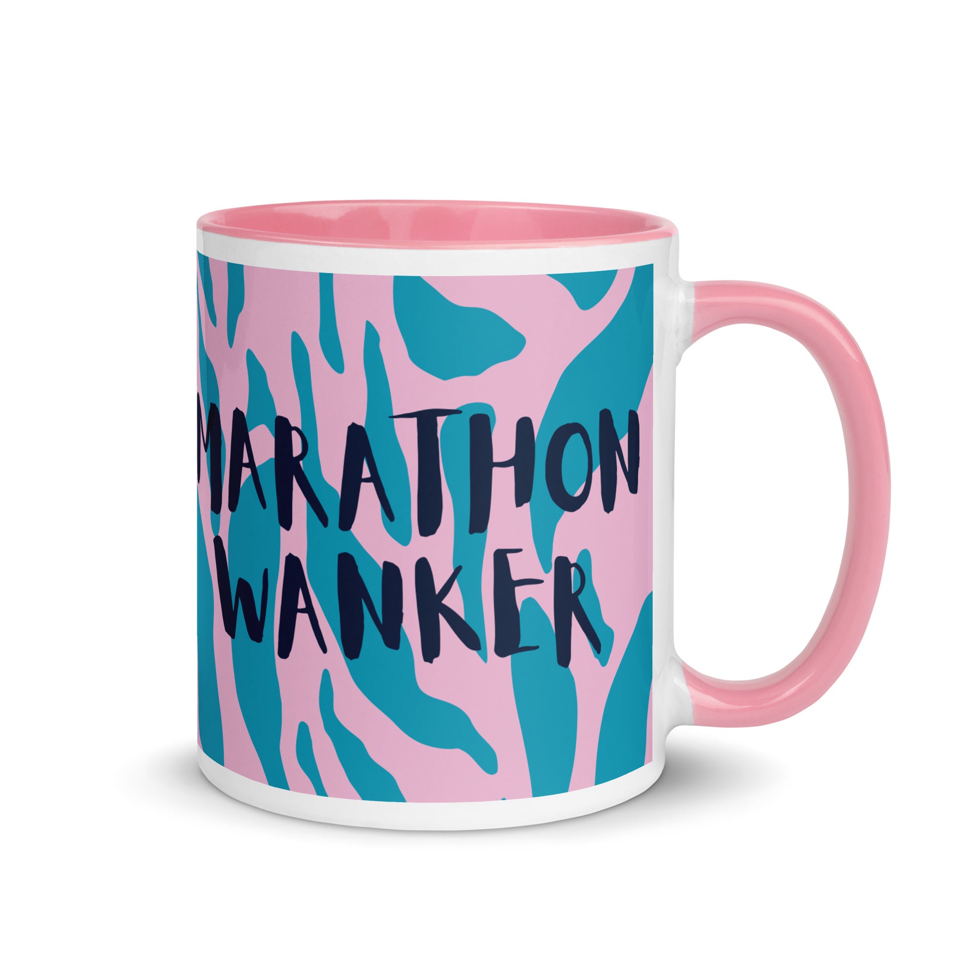 Marathon wanker mug with pink inside and handle, with a pink and blue animal print background and the words marathon wanker in a fun, bold font. 