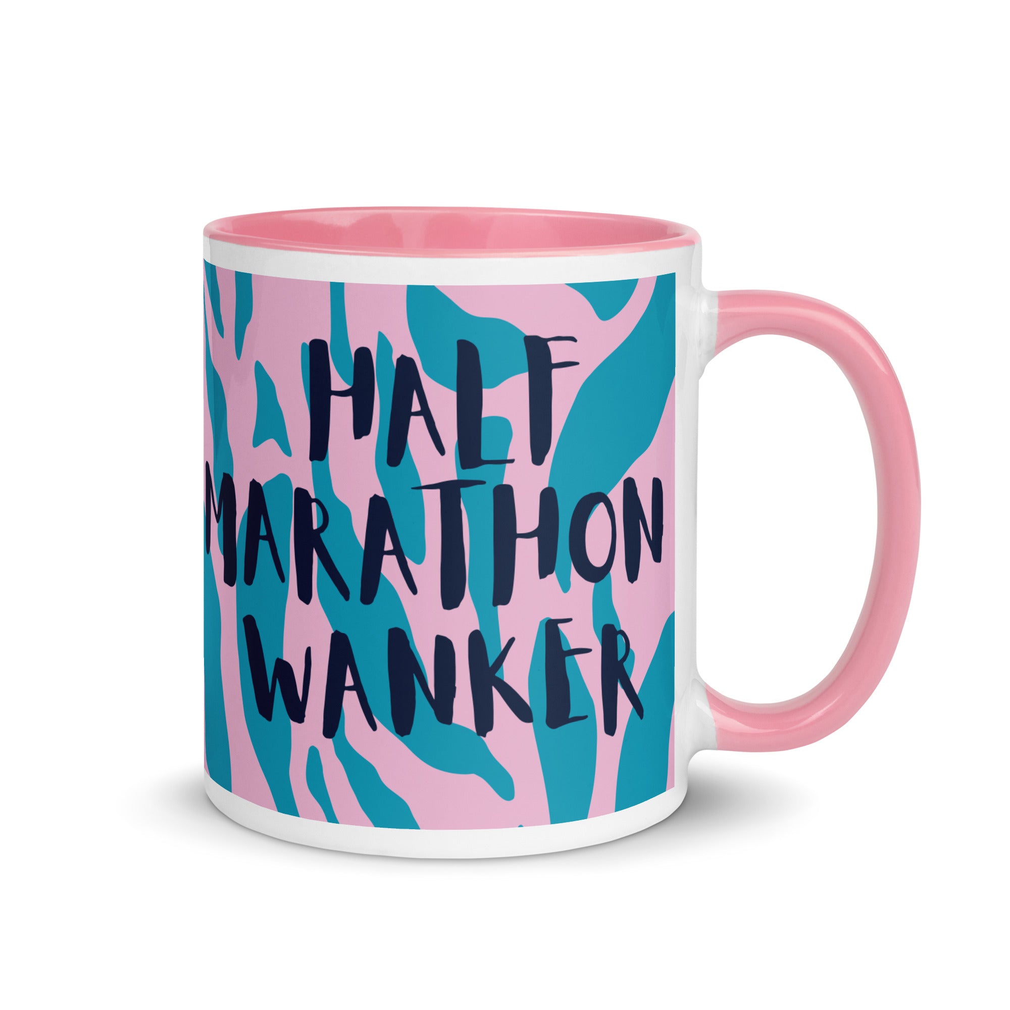 Half Marathon wanker mug with pink inside and handle, with a pink and blue animal print background and the words half marathon wanker in a fun, bold font. 