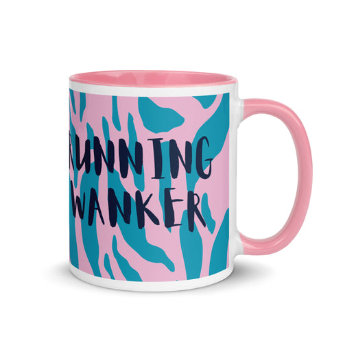 running wanker mug with a pink handle and inside, pink and blue animal print background and the words running wanker in a fun, bold font. a gift for runners