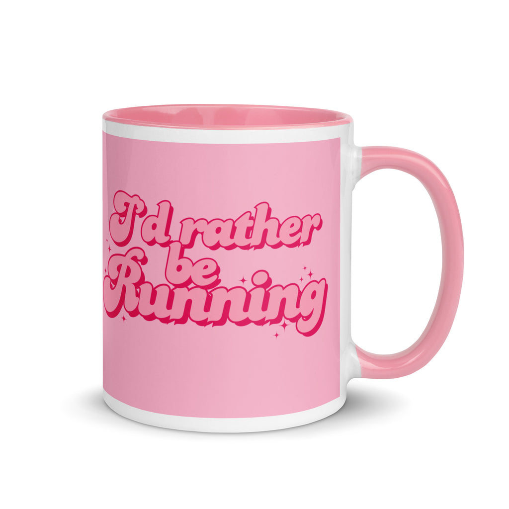 Pink mug with fancy pink writing reading I'd rather be running.  A gift for people who love running, good for birthdays, race day gifts or Christmas