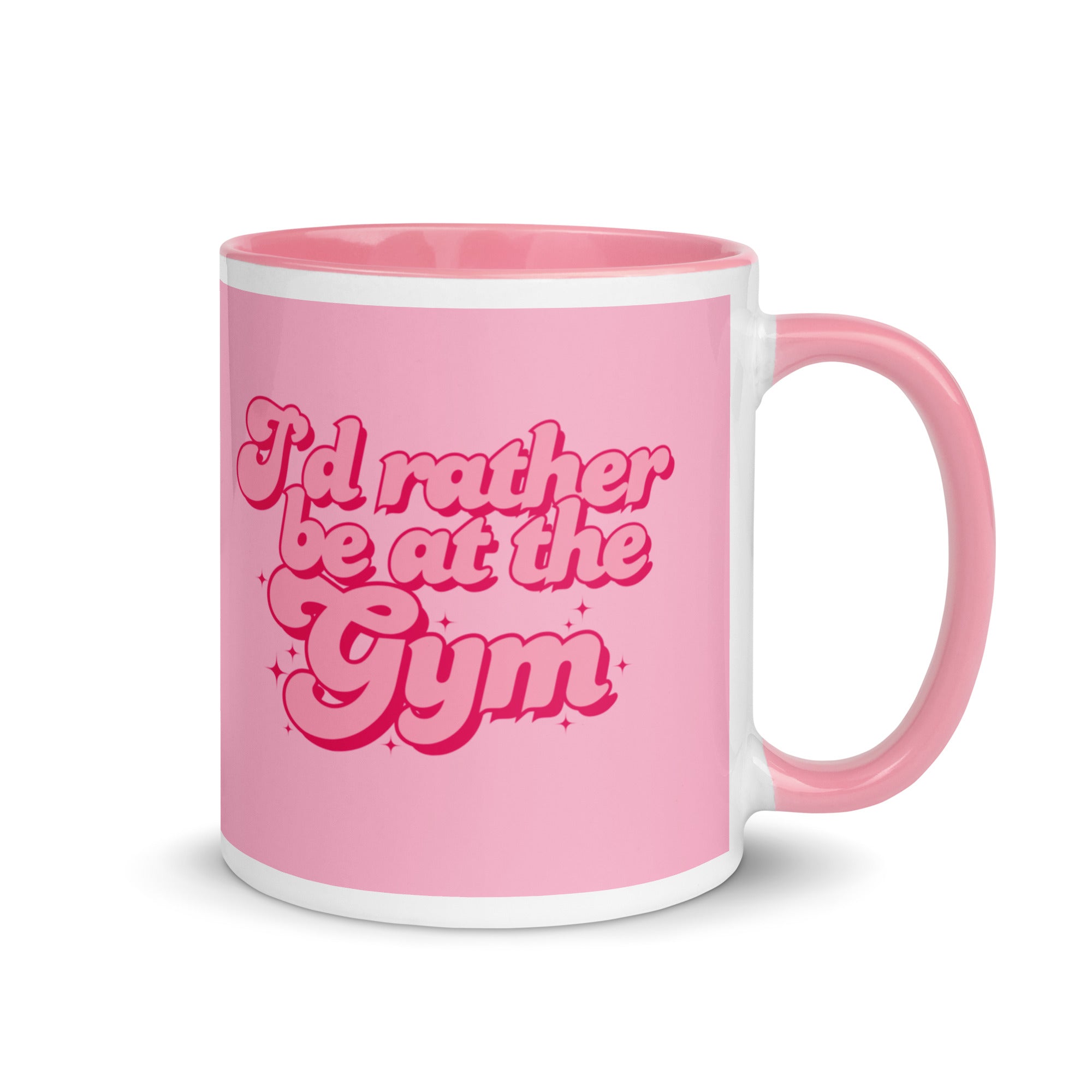 Pink mug with fancy pink writing reading I'd rather be at the gym. A gift for people who love fitness, working out and going to the gym