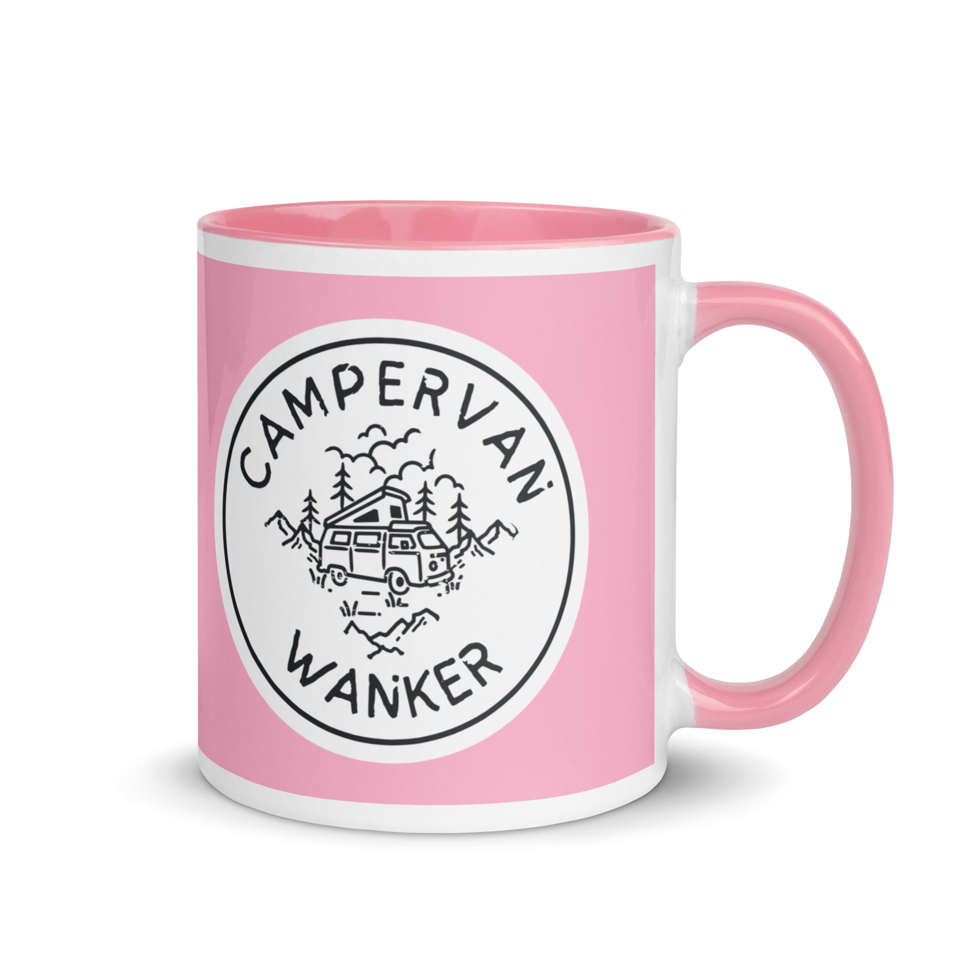 ceramic mug with a pink handle and inside, with a picture of a campervan in the woods and the words campervan wanker over a pink background. a gift for people who own and love going away in their campervan or motorhome. 