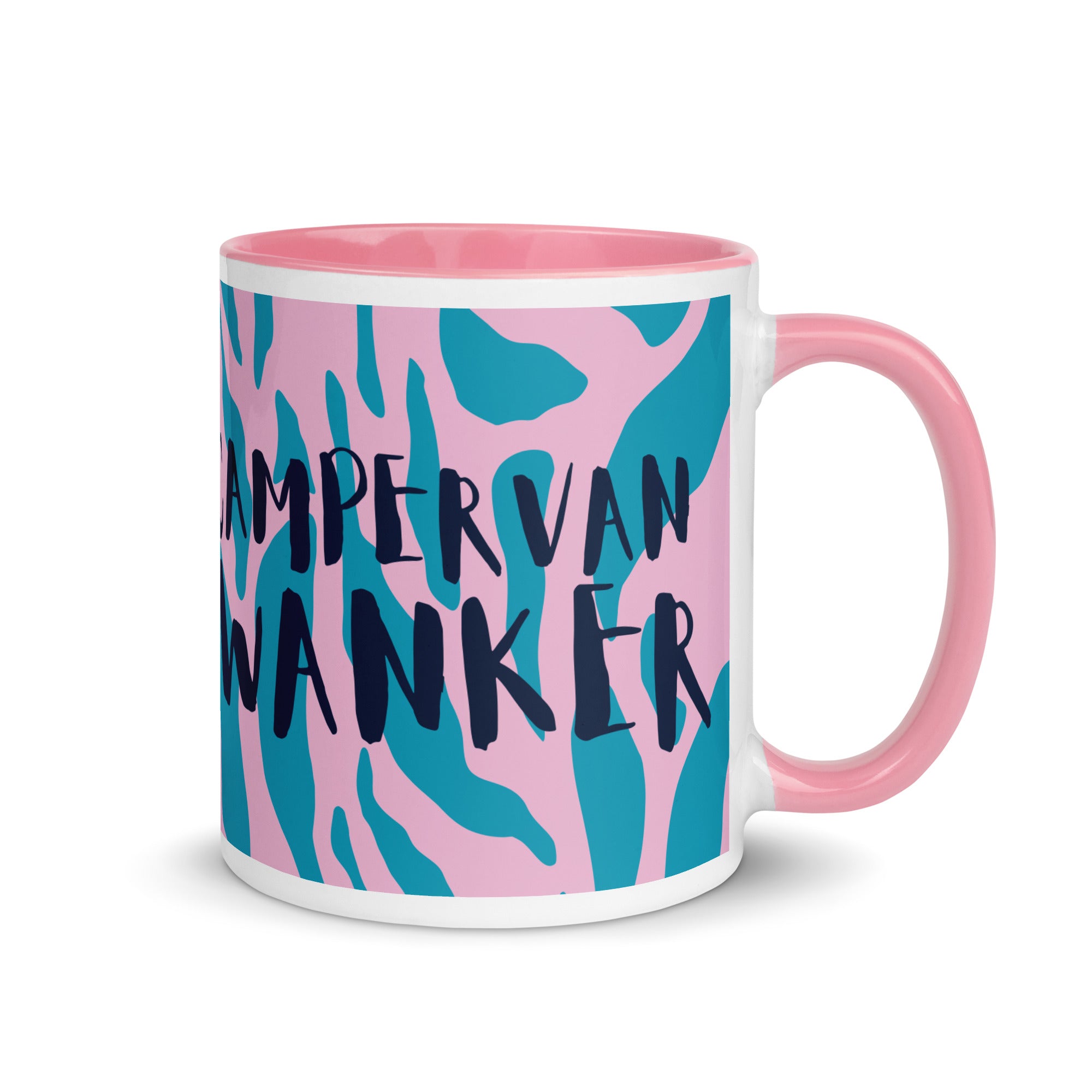 Pink and blue camouflage print mug with a pink handle and inside reading campervan wanker. A funny gift for someone who loves their campervan and van life. 