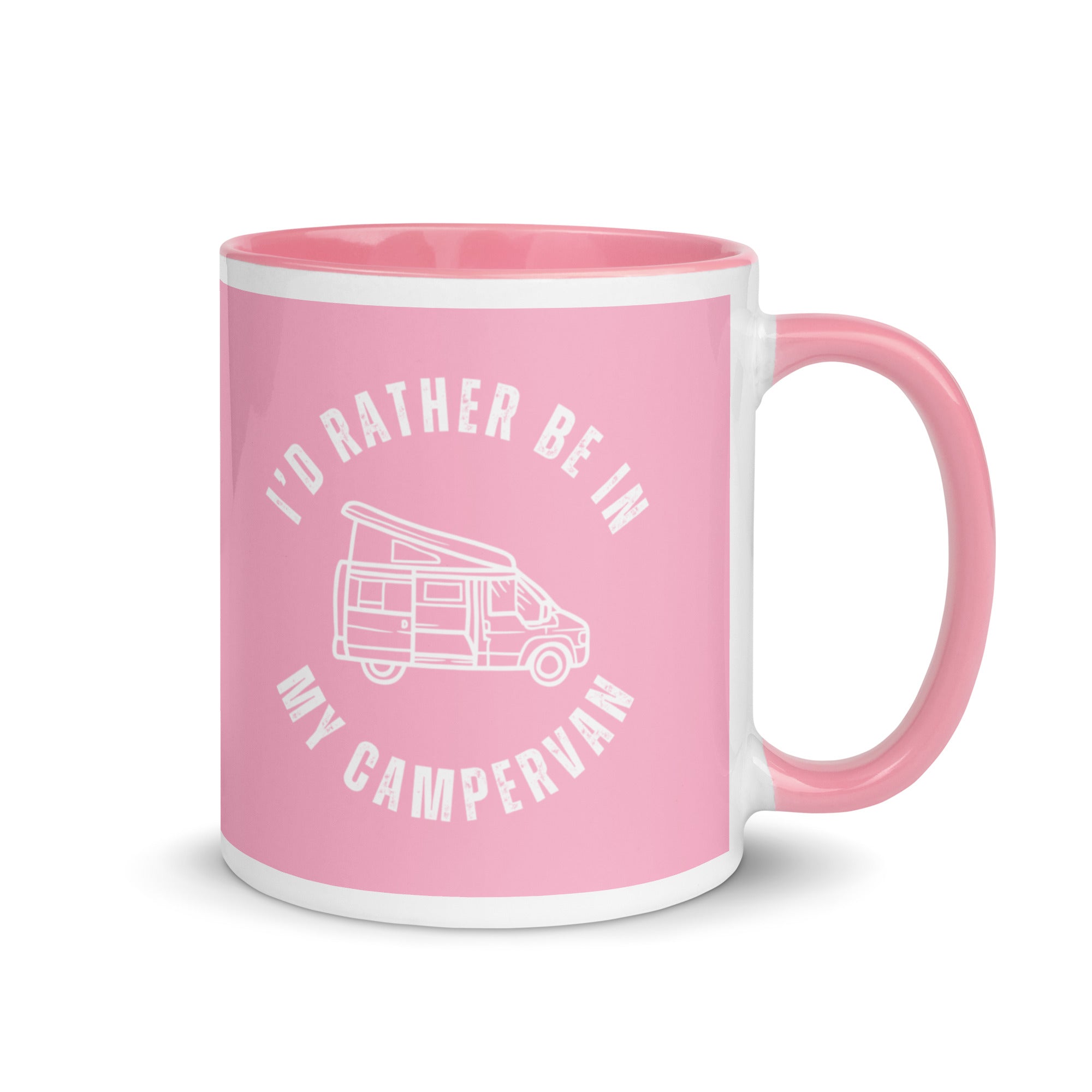 a pink mug with a pink handle and inside with the words I'd rather be in my campervan across the front and a cartoon of a campervan with a pop top. A gift for people who love their campervan