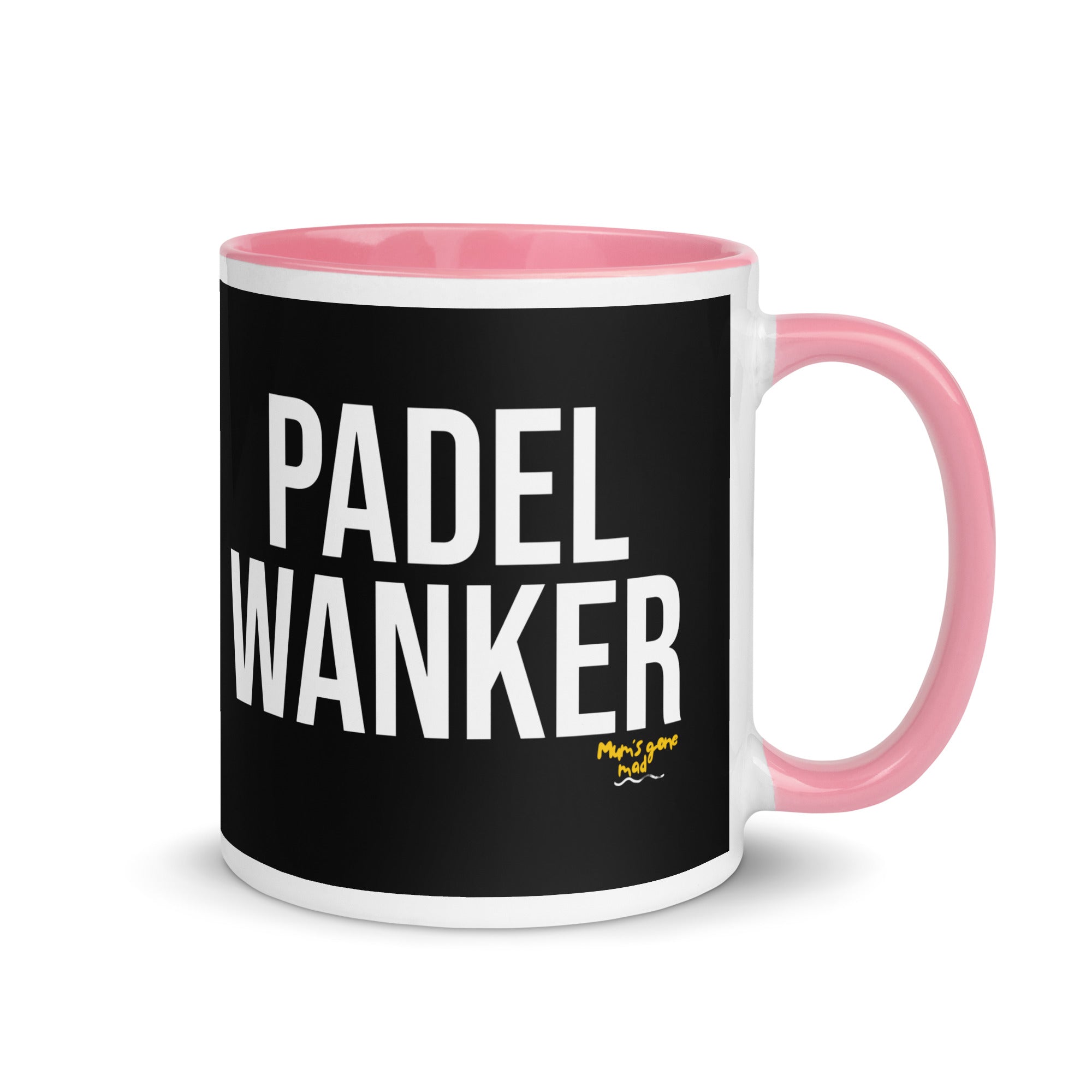 Black bacground mug with the words Padel Wanker in white text. a gift for padel players. Mug has a pink inside and handle. 