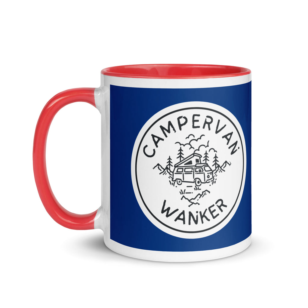 ceramic mug with a red handle and inside, with a picture of a campervan in the woods and the words campervan wanker over a navy blue background. a gift for people who own and love going away in their campervan or motorhome. 