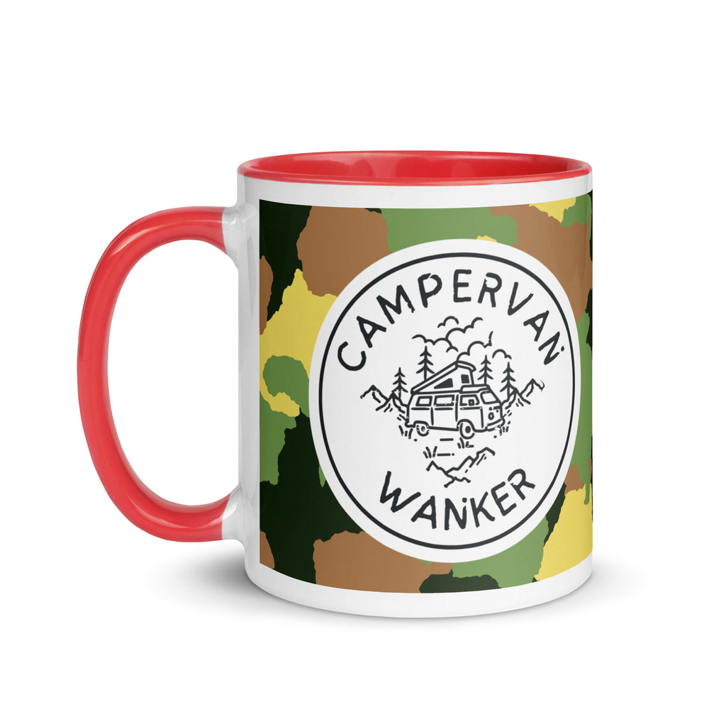 ceramic mug with a red handle and inside, with a picture of a campervan in the woods and the words campervan wanker over a camouflage background. a gift for people who own and love going away in their campervan or motorhome. 