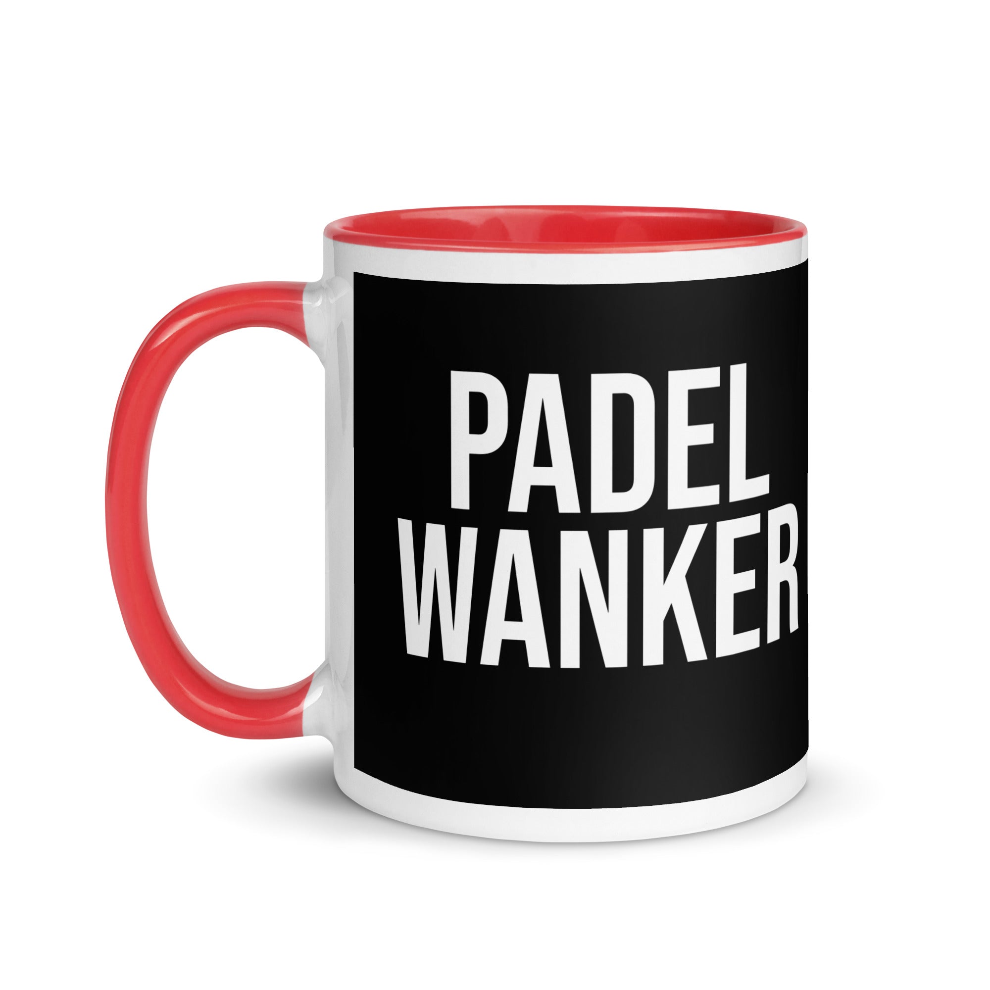 Black bacground mug with the words Padel Wanker in white text. a gift for padel players. Mug has a red inside and handle. 