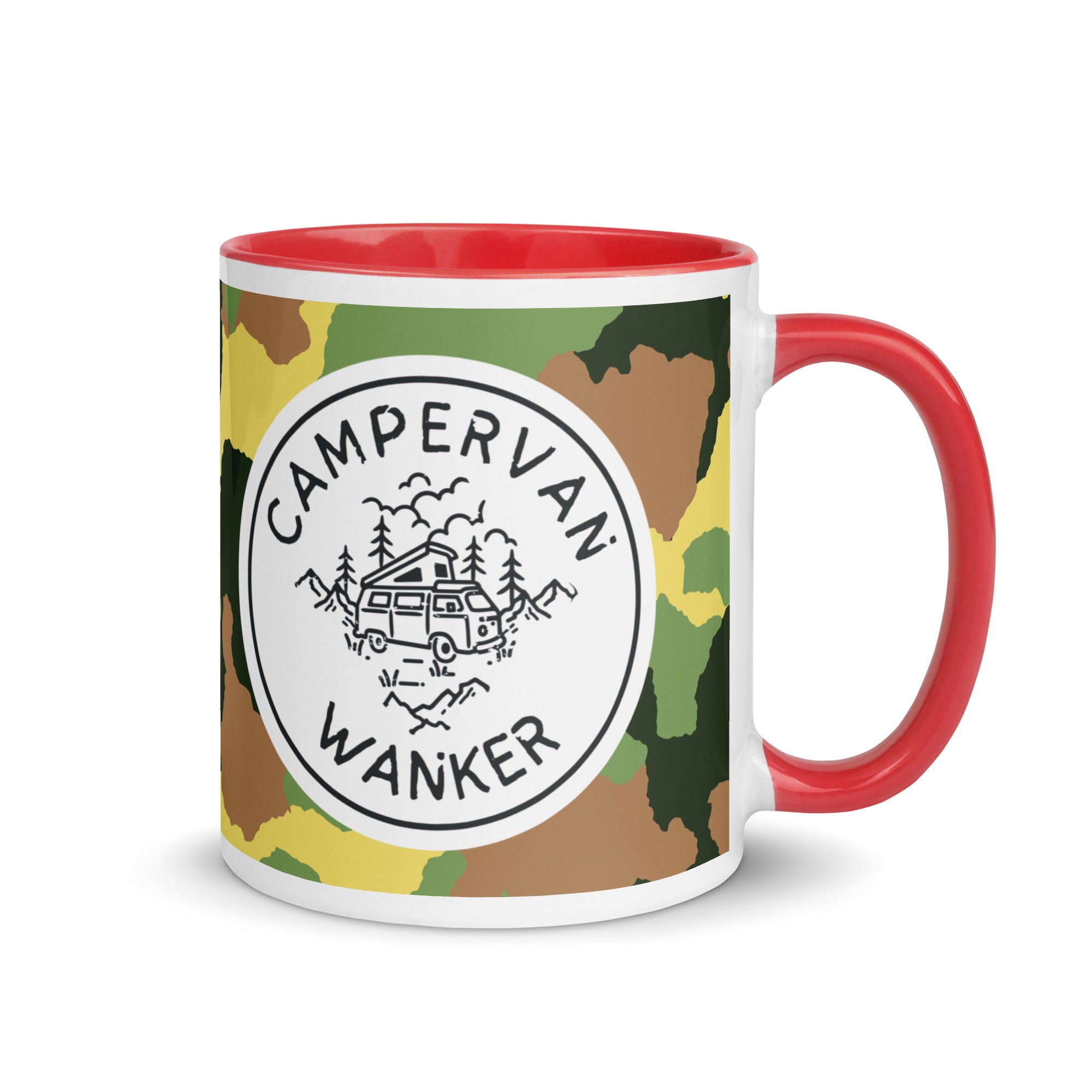 ceramic mug with a red handle and inside, with a picture of a campervan in the woods and the words campervan wanker over a camouflage background. a gift for people who own and love going away in their campervan or motorhome. 
