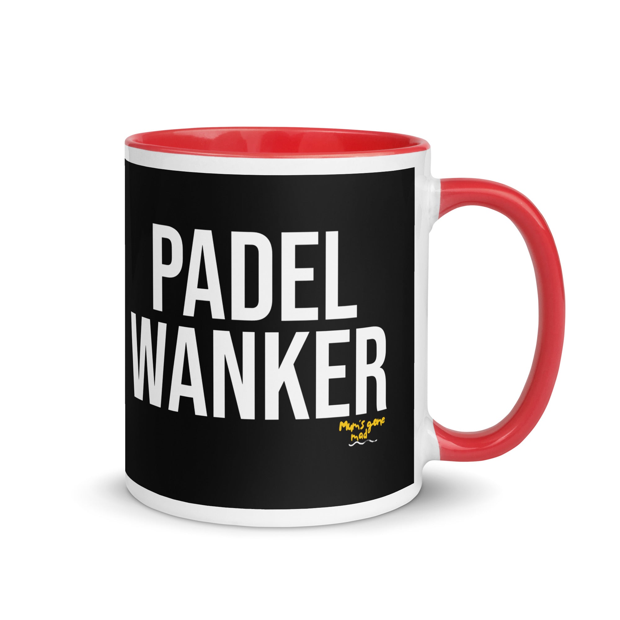 Black bacground mug with the words Padel Wanker in white text. a gift for padel players. Mug has a red inside and handle. 