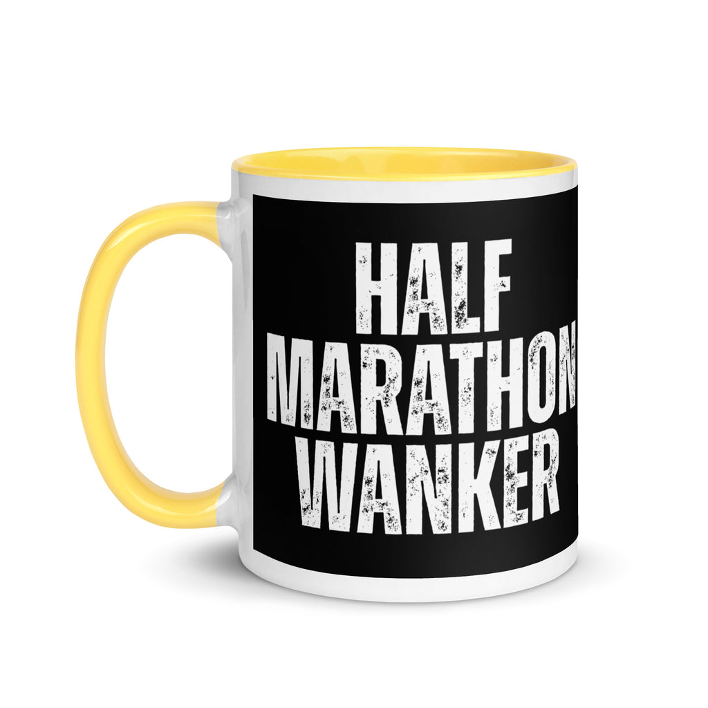 half marathon wanker mug with bold white text, great gift for those who have run a half marathon