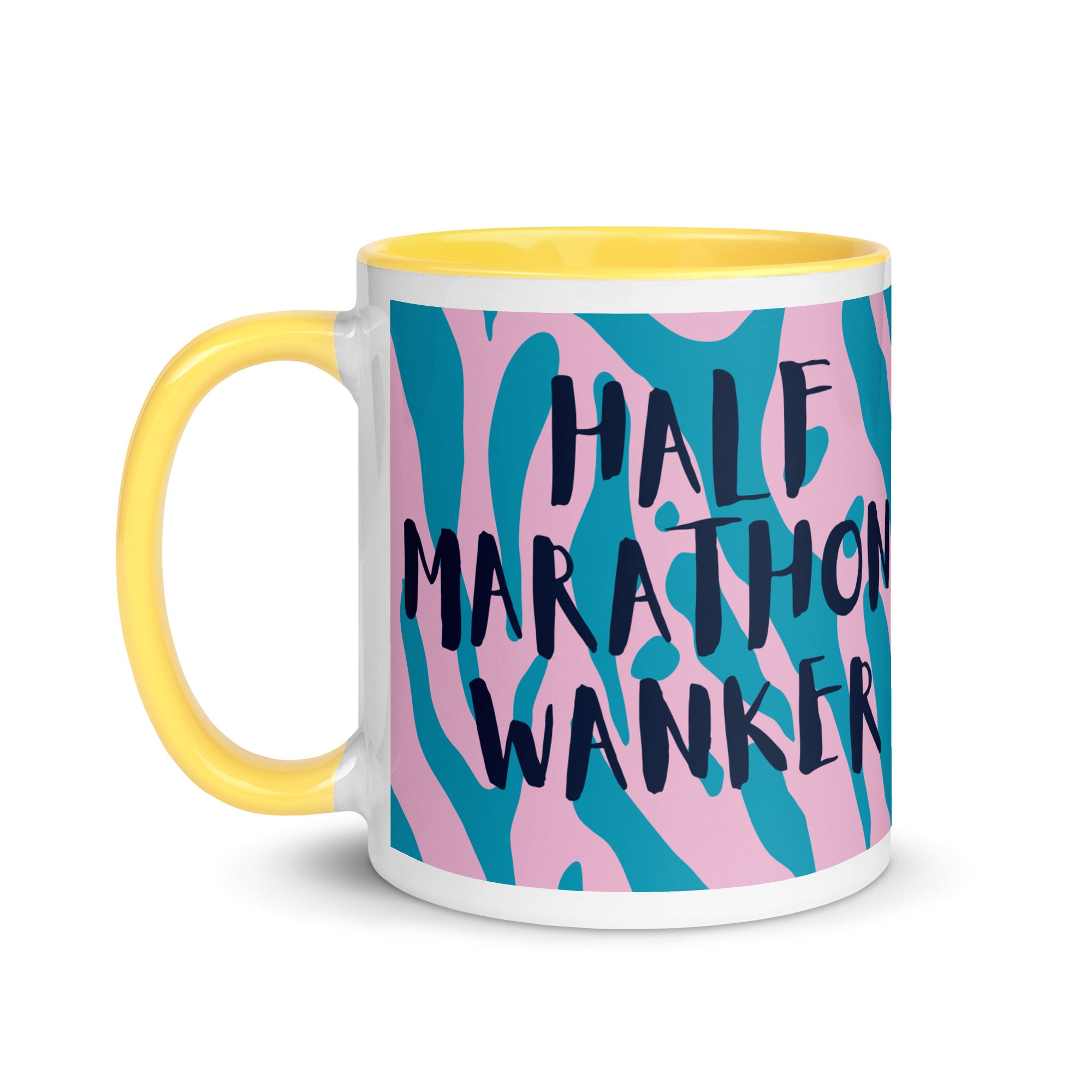 Half Marathon wanker mug with yellow inside and handle, with a pink and blue animal print background and the words half marathon wanker in a fun, bold font. 