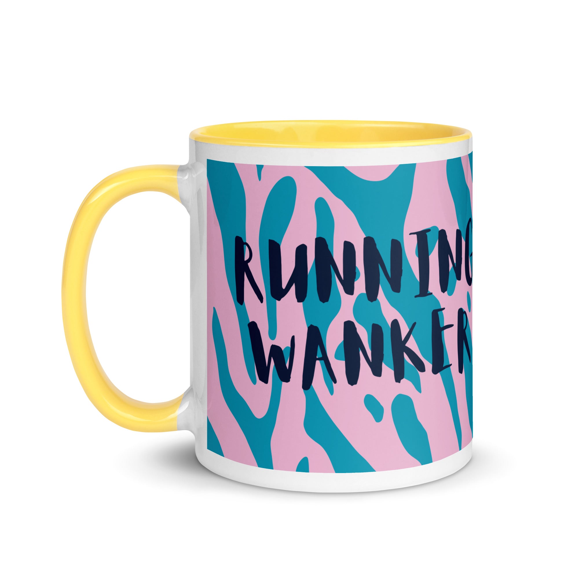 running wanker mug with a yellow handle and inside, pink and blue animal print background and the words running wanker in a fun, bold font. a gift for runners