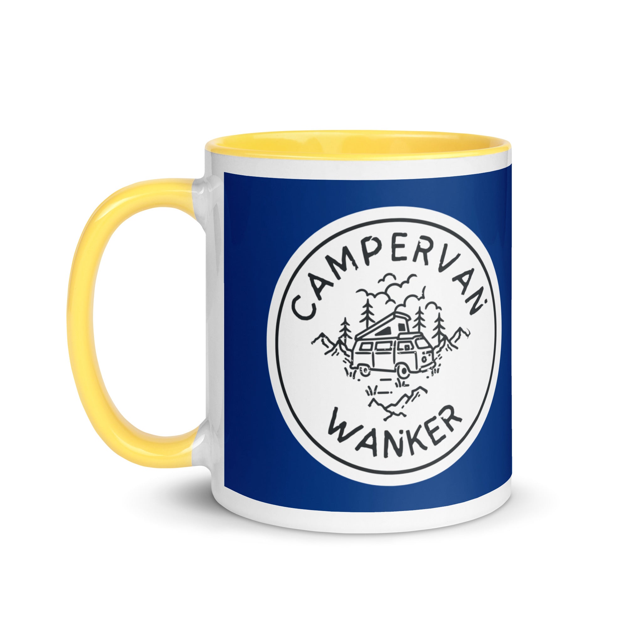 ceramic mug with a yellow handle and inside, with a picture of a campervan in the woods and the words campervan wanker over a navy blue background. a gift for people who own and love going away in their campervan or motorhome. 