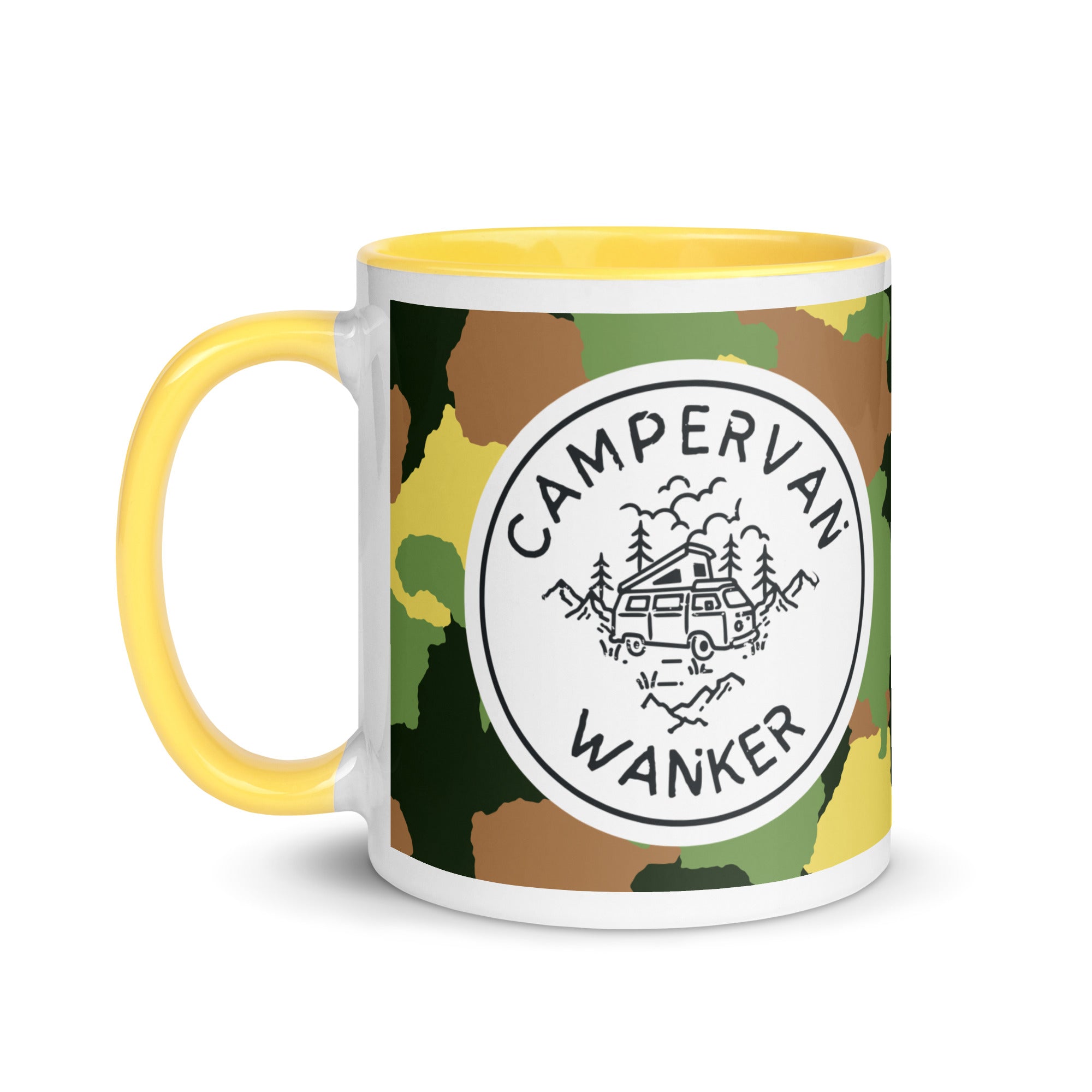 ceramic mug with a yellow handle and inside, with a picture of a campervan in the woods and the words campervan wanker over a camouflage background. a gift for people who own and love going away in their campervan or motorhome. 