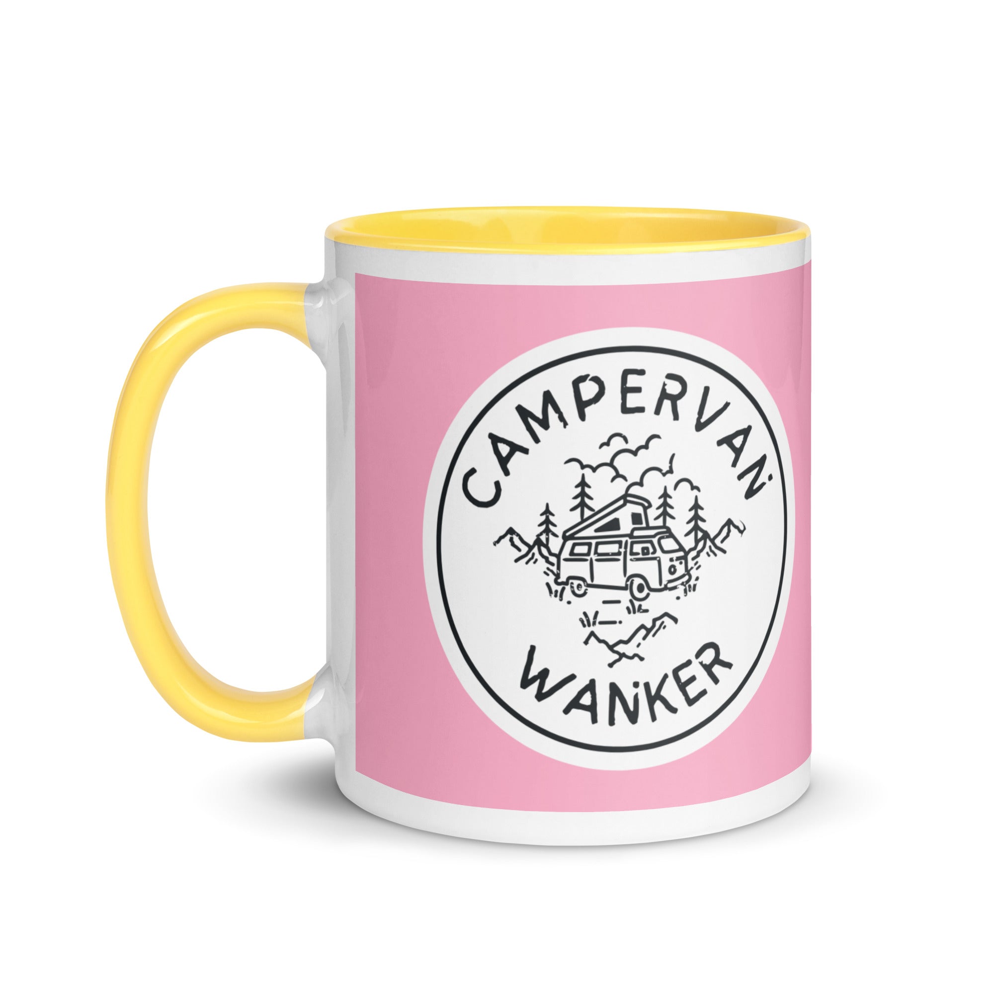 ceramic mug with a yellow handle and inside, with a picture of a campervan in the woods and the words campervan wanker over a pink background. a gift for people who own and love going away in their campervan or motorhome. 