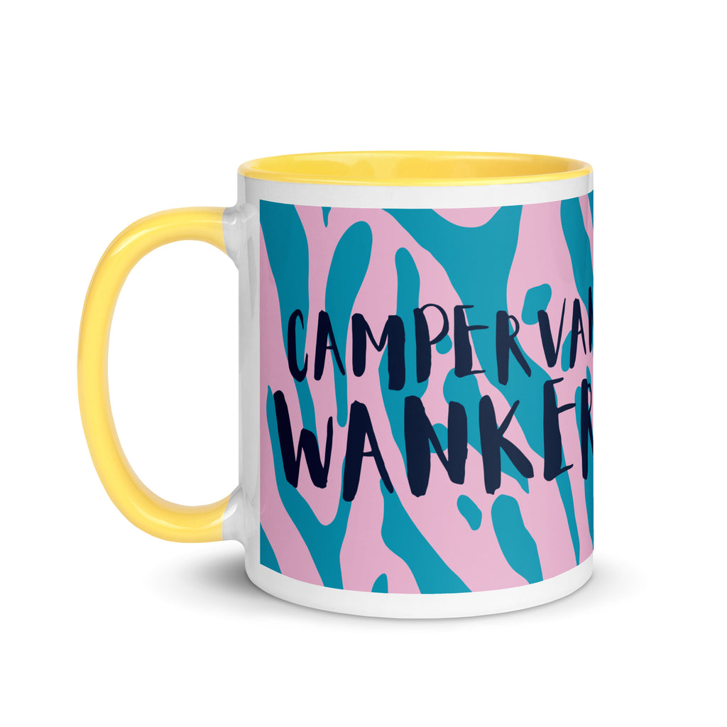 Pink and blue camouflage print mug with a yellow handle and inside reading campervan wanker. A funny gift for someone who loves their campervan and van life. 