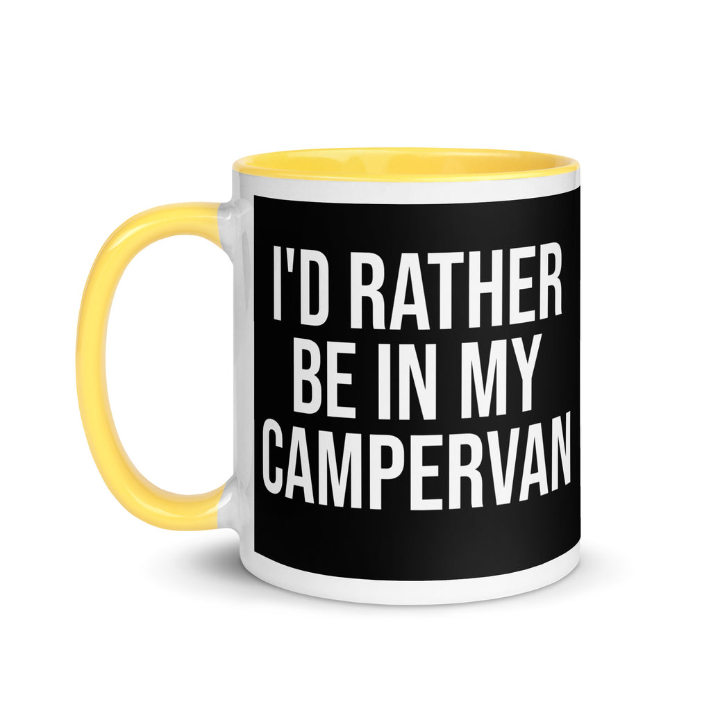 black and yellow mug with the words I'd rather be in my campervan in bold font. A gift for people who love camping, motorhomes and van life. 