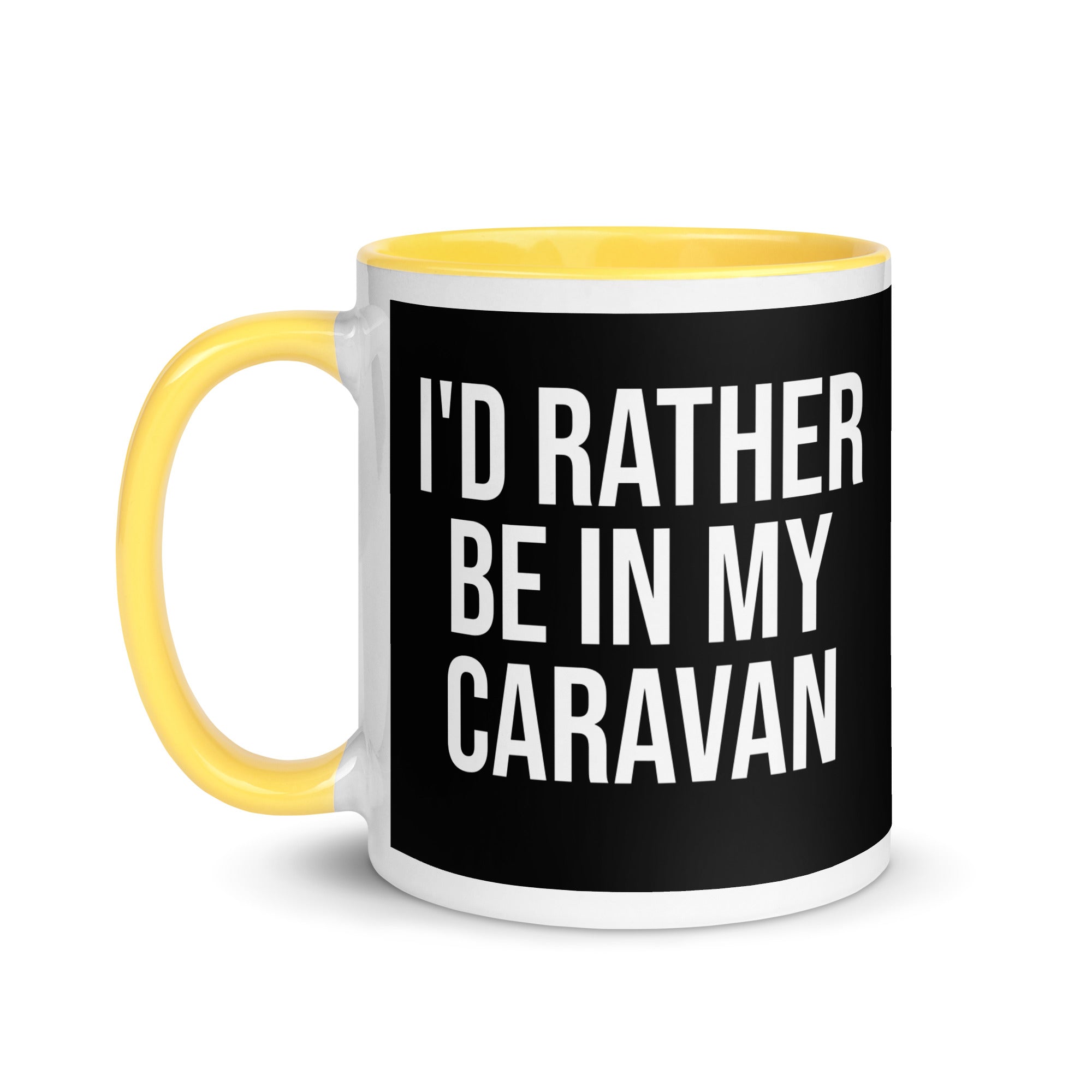 black and yellow mug with the words I'd rather be in my caravan in bold font. A gift for people who love camping, caravans and van life. 
