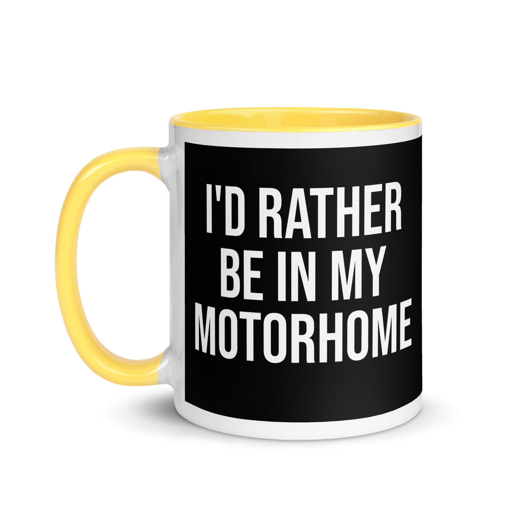black and yellow mug with the words I'd rather be in my motorhome in bold font. A gift for people who love camping, motorhomes and van life. 
