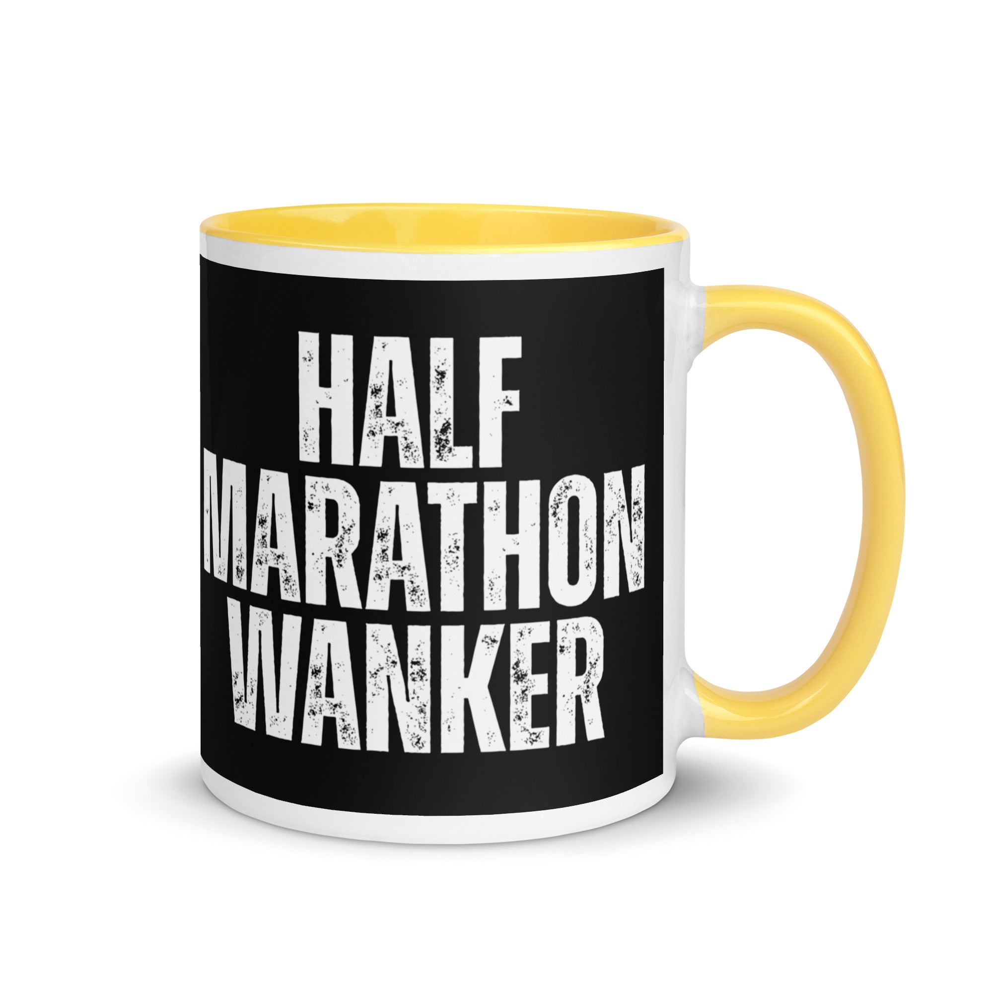 half marathon wanker mug with bold white text, great gift for those who have run a half marathon