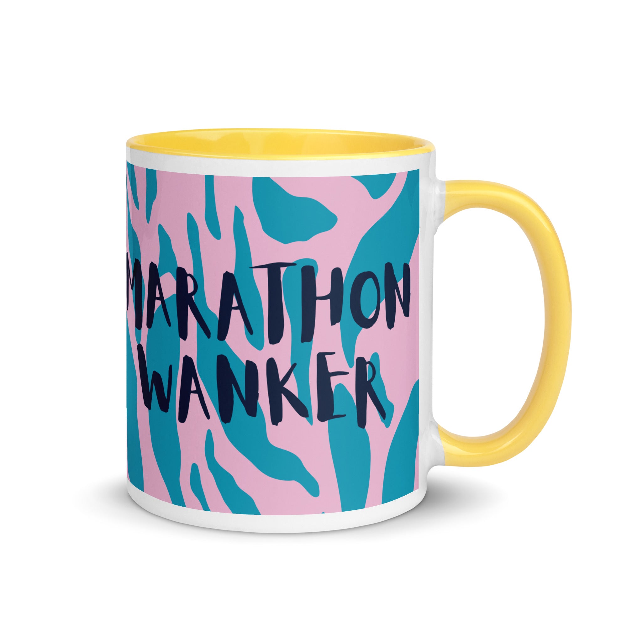 Marathon wanker mug with yellolw inside and handle, with a pink and blue animal print background and the words marathon wanker in a fun, bold font. 