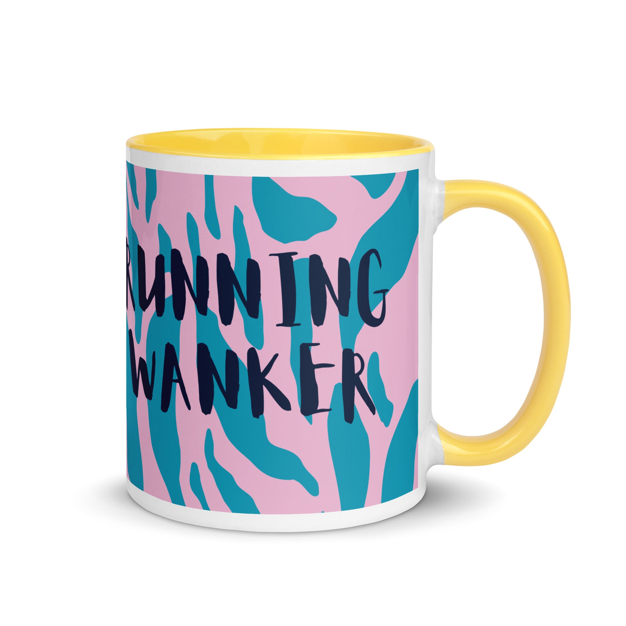 running wanker mug with a yellow handle and inside, pink and blue animal print background and the words running wanker in a fun, bold font. a gift for runners