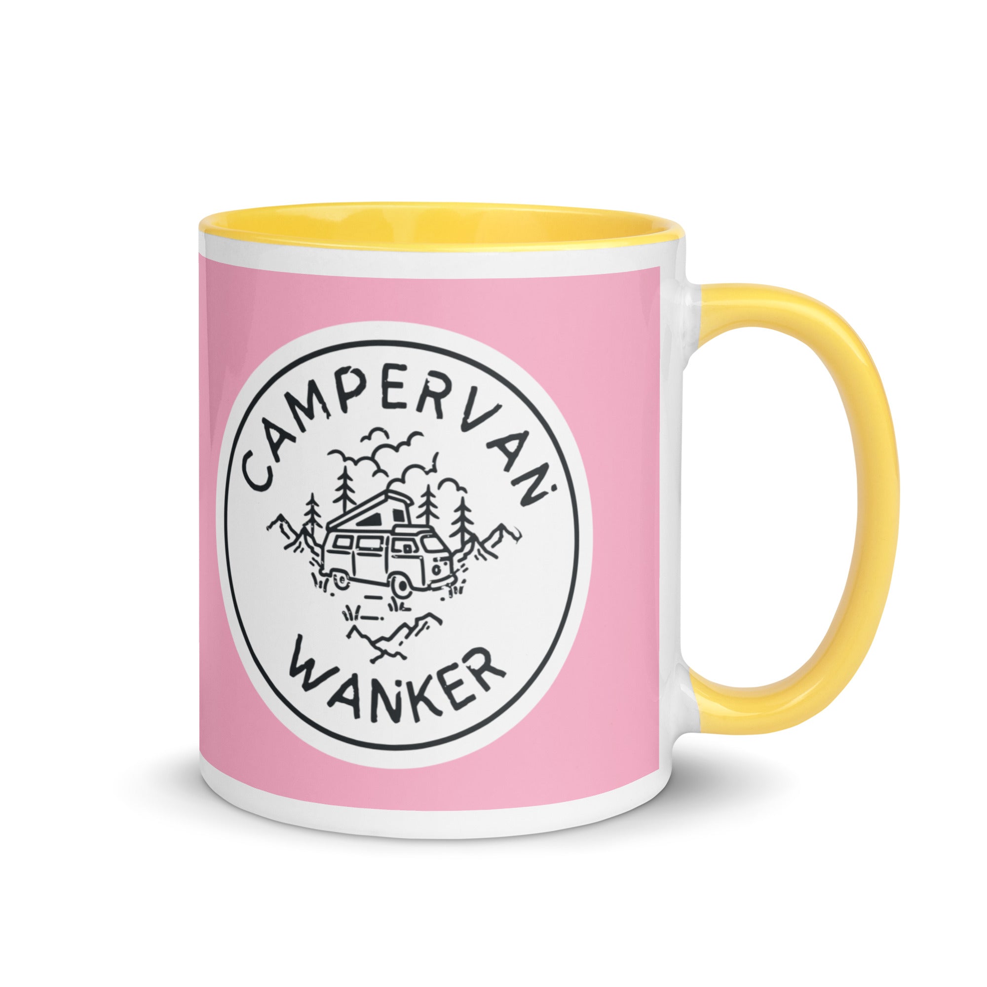 ceramic mug with a yellow handle and inside, with a picture of a campervan in the woods and the words campervan wanker over a pink background. a gift for people who own and love going away in their campervan or motorhome. 