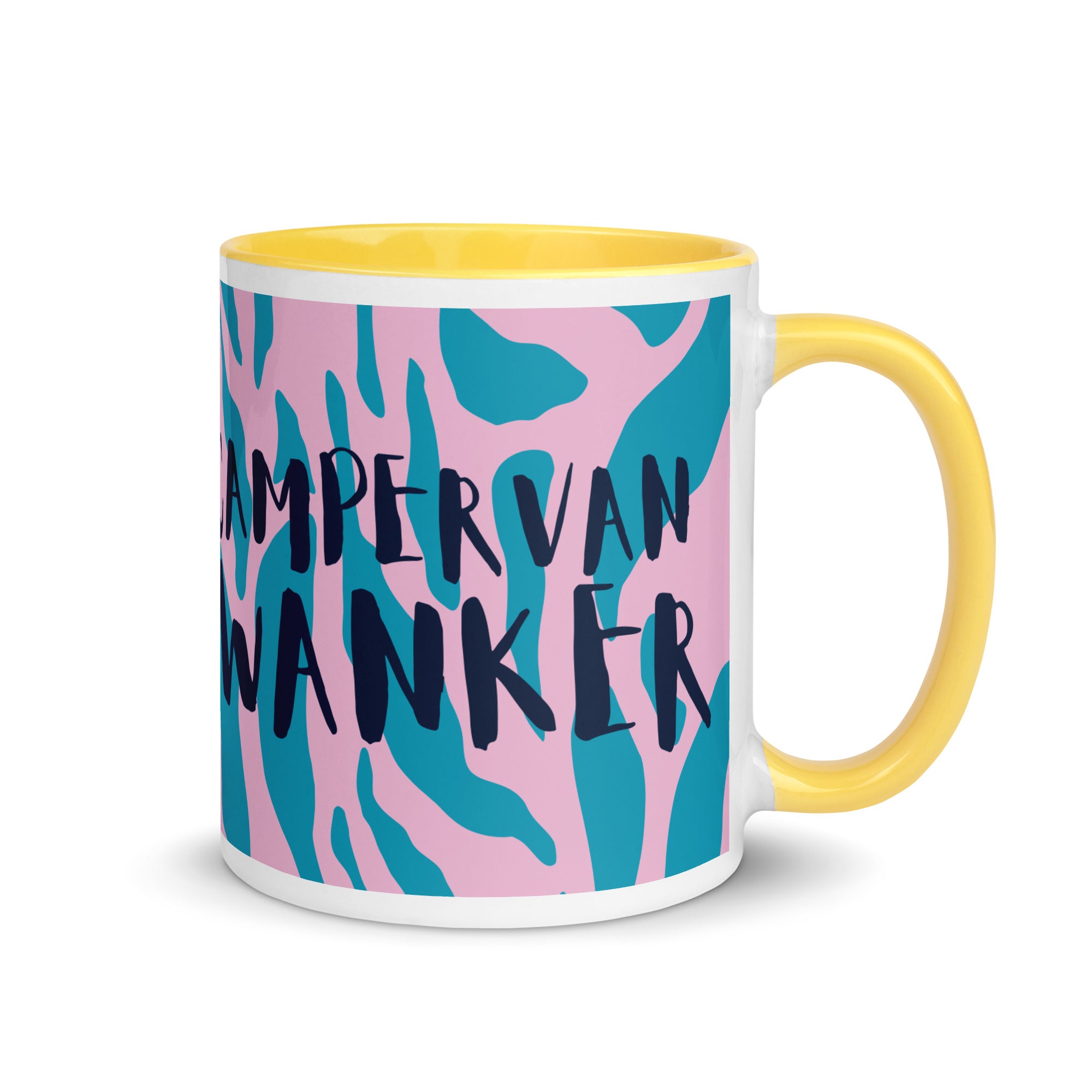 Pink and blue camouflage print mug with a yellow handle and inside reading campervan wanker. A funny gift for someone who loves their campervan and van life. 