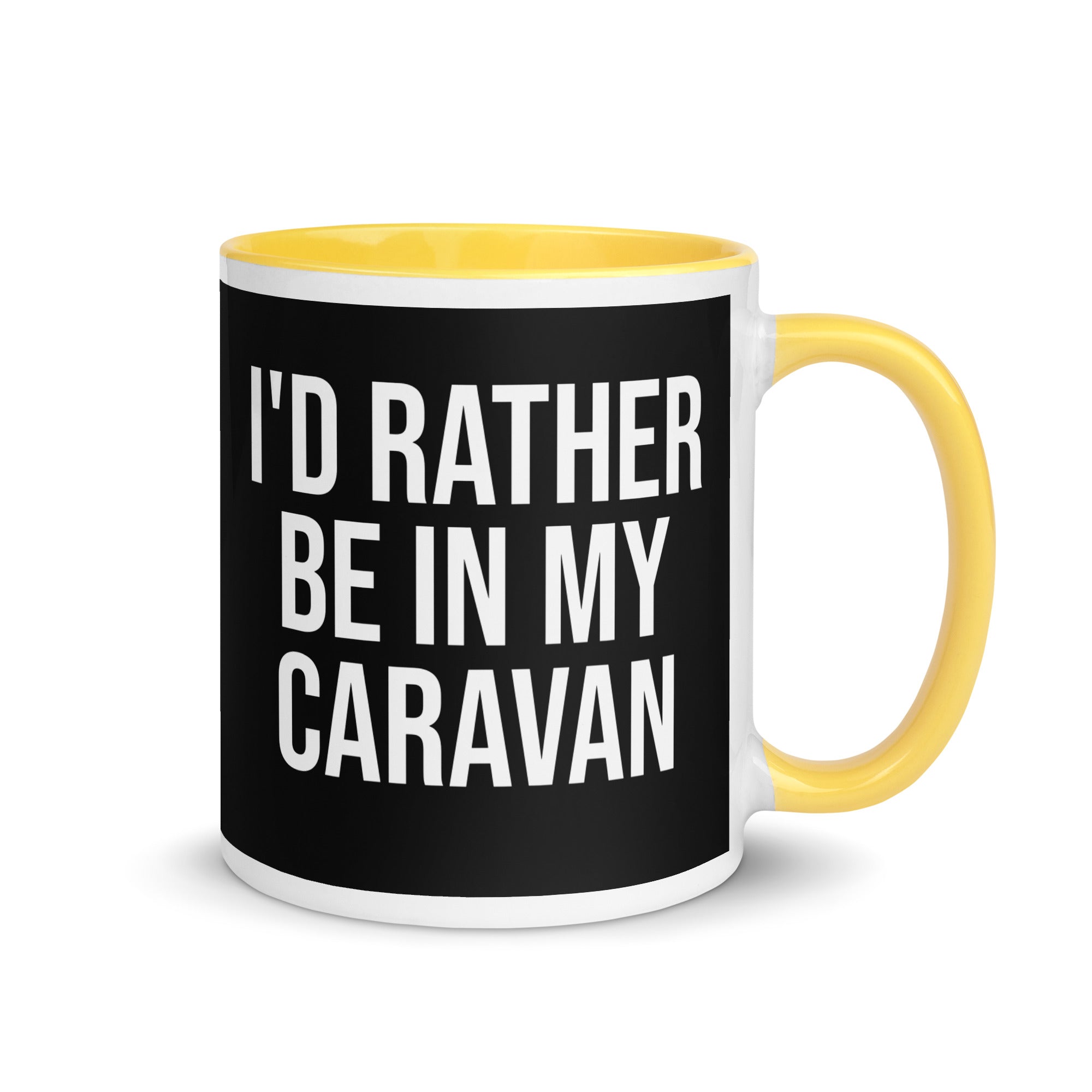 black and yellow mug with the words I'd rather be in my caravan in bold font. A gift for people who love camping, caravans and van life. 