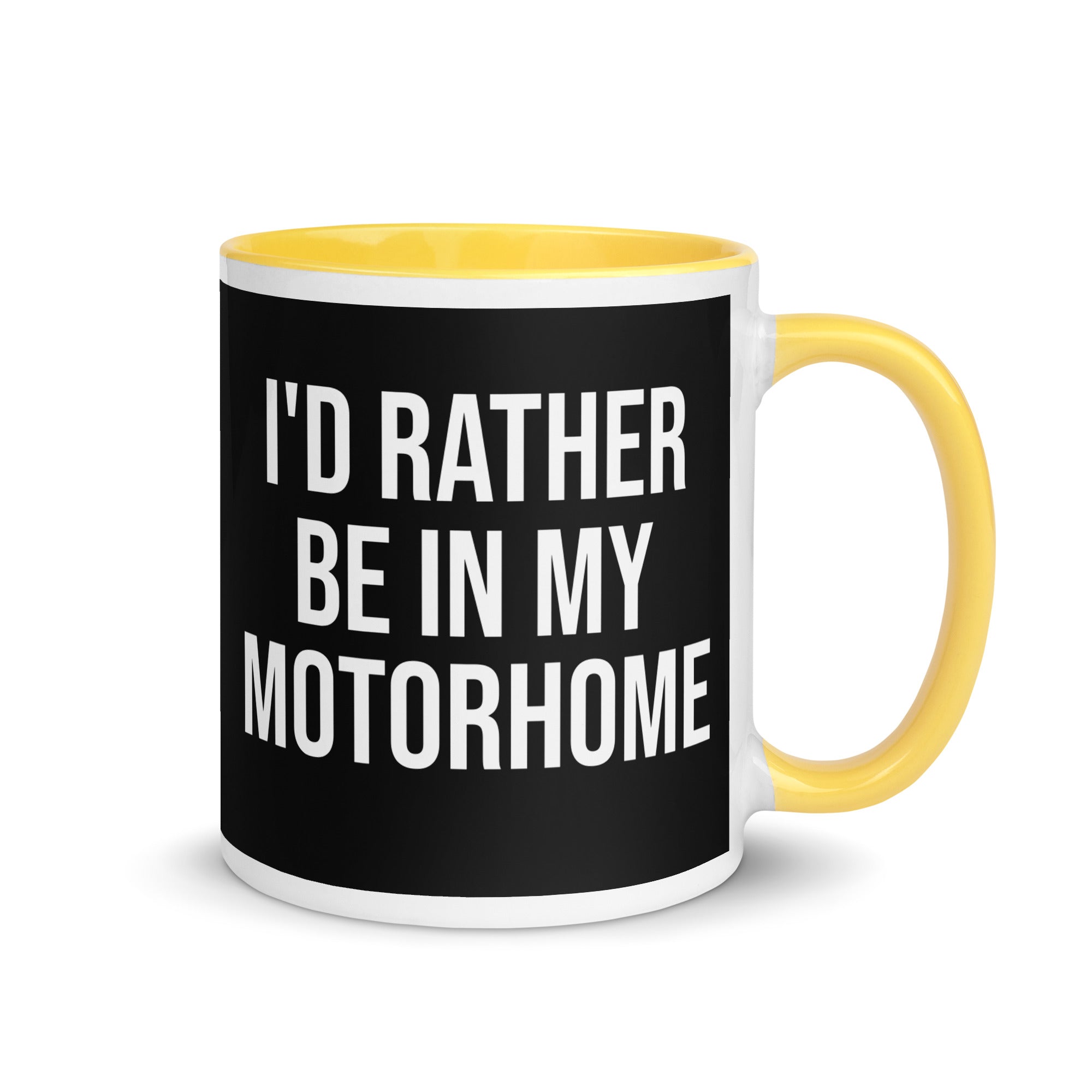 black and yellow mug with the words I'd rather be in my motorhome in bold font. A gift for people who love camping, motorhomes and van life. 