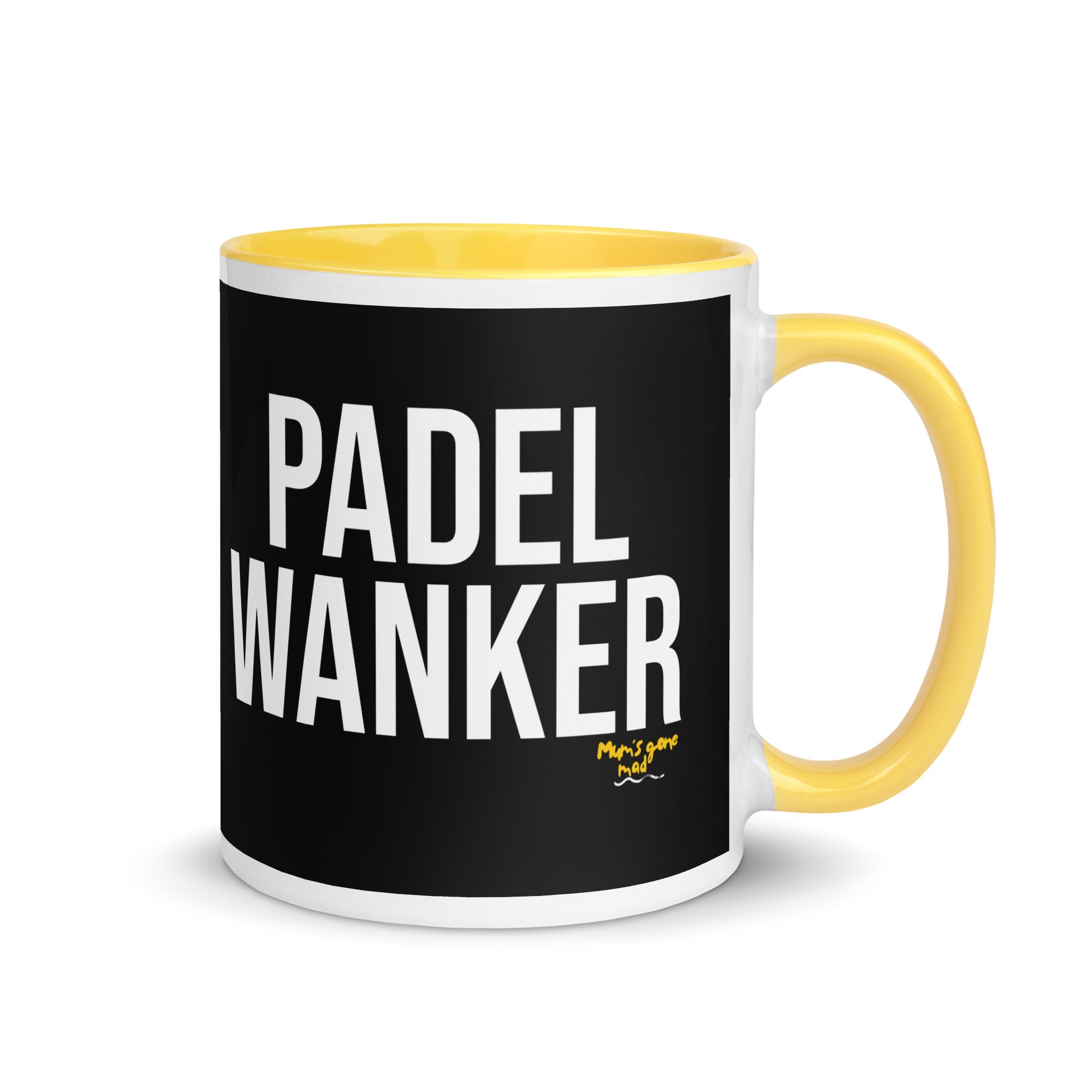Black bacground mug with the words Padel Wanker in white text. a gift for padel players. Mug has a yellow inside and handle. 